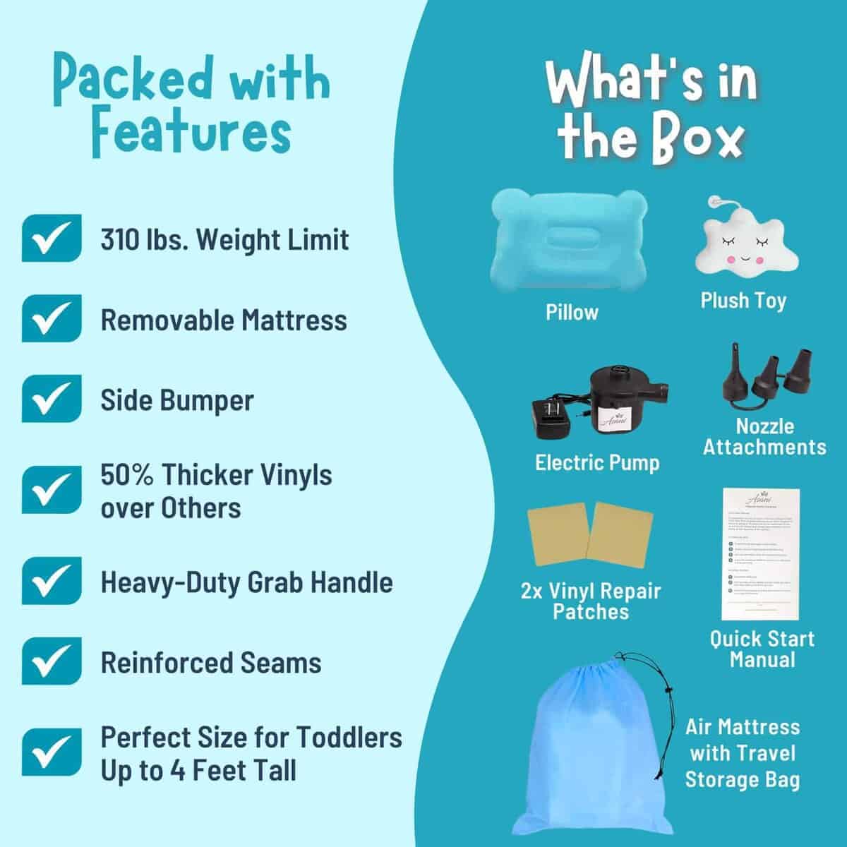 Cama de viaje inflable para niños Asani, bomba eléctrica, - Imagen 6