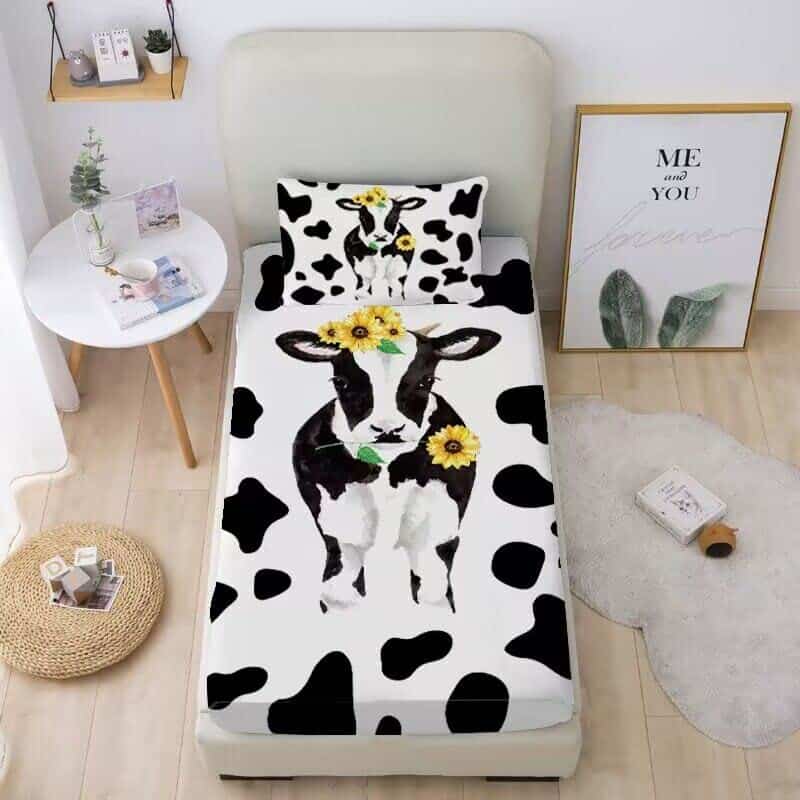 Juego de Sábanas Gemelas Mkikejoy Cute Cow Blanco y Negro