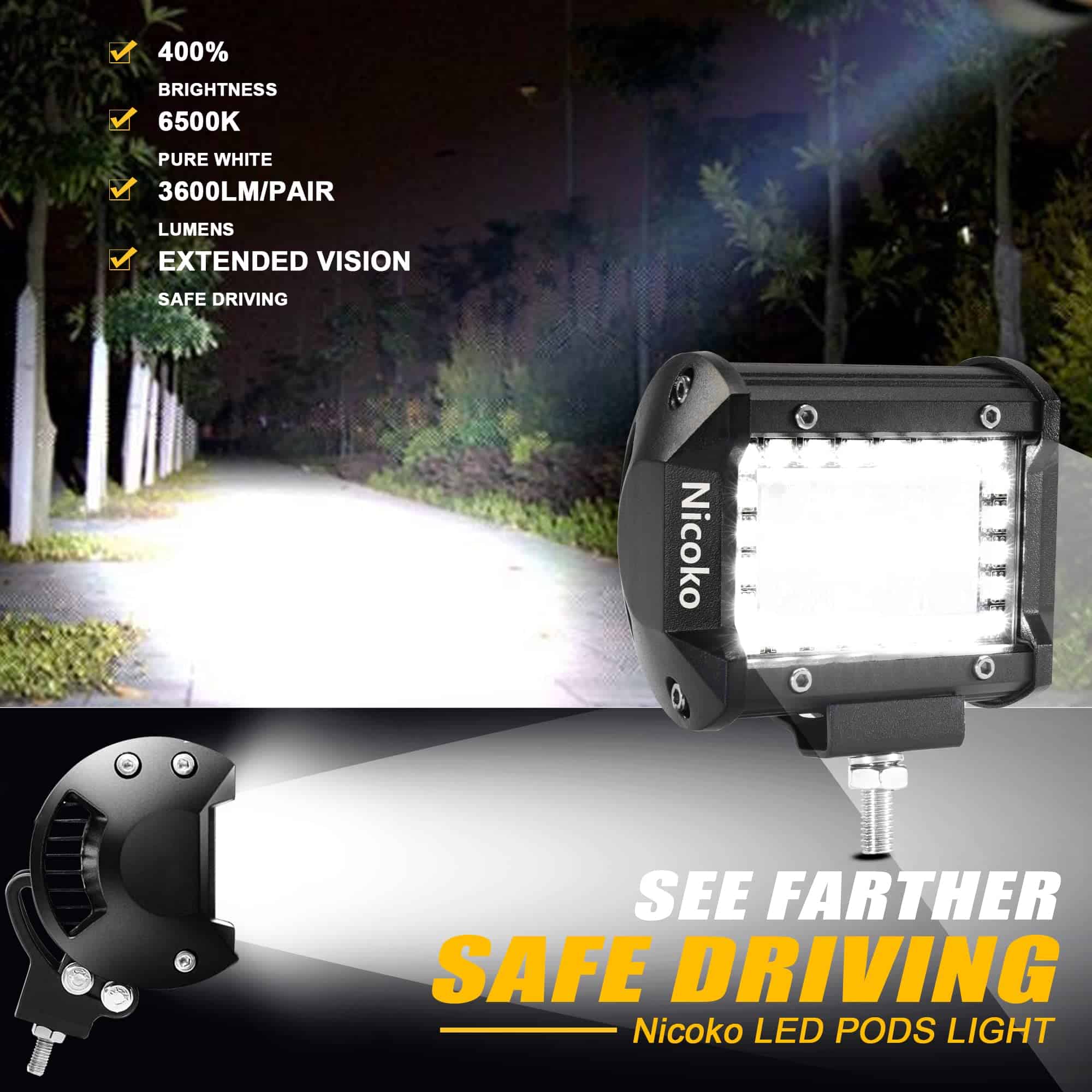 Nicoko Luces Led RGB 2 piezas 4 pulgadas 18W 3600LM - Imagen 3