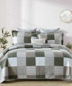 Juego de Edredón King KALOOLA a Cuadros, 100% Algodón Verde