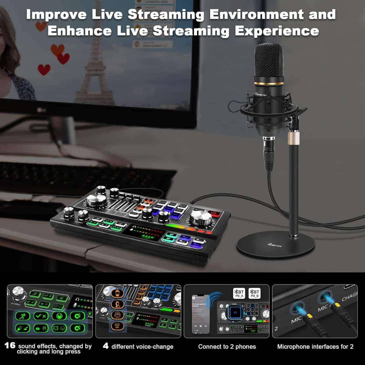 Equipo de Podcast para 2, Mezcladora de Audio con Micrófono - Imagen 4
