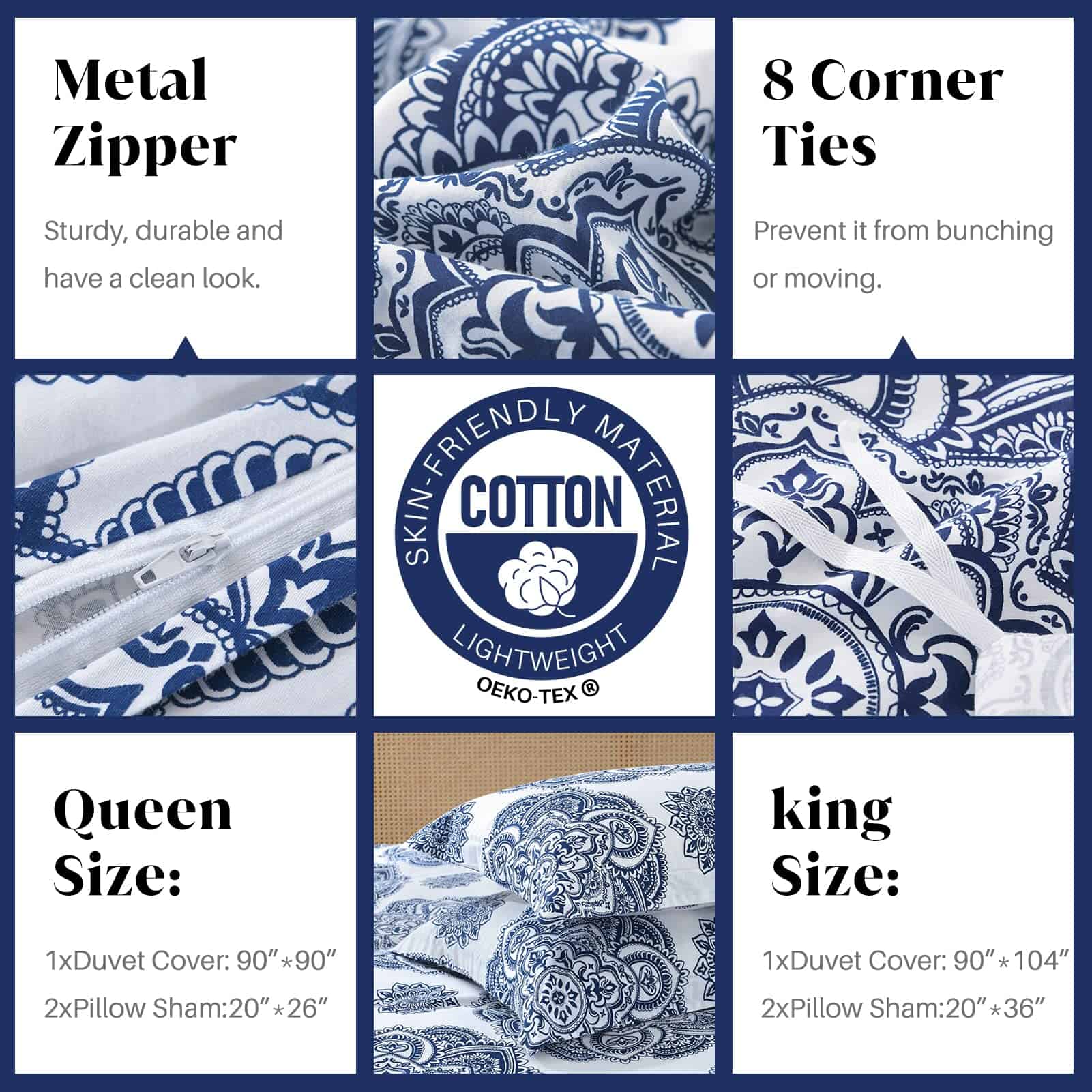 CozyDH Funda de Edredón de Algodón Tamaño -Azul Real/Blanco - Imagen 7