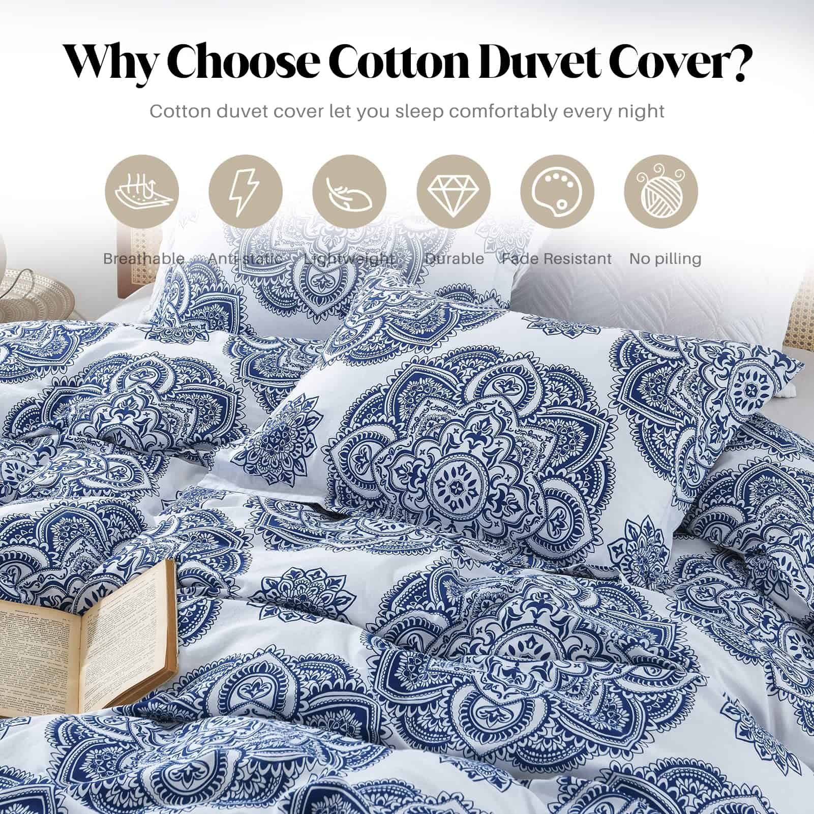 CozyDH Funda de Edredón de Algodón Tamaño -Azul Real/Blanco - Imagen 9