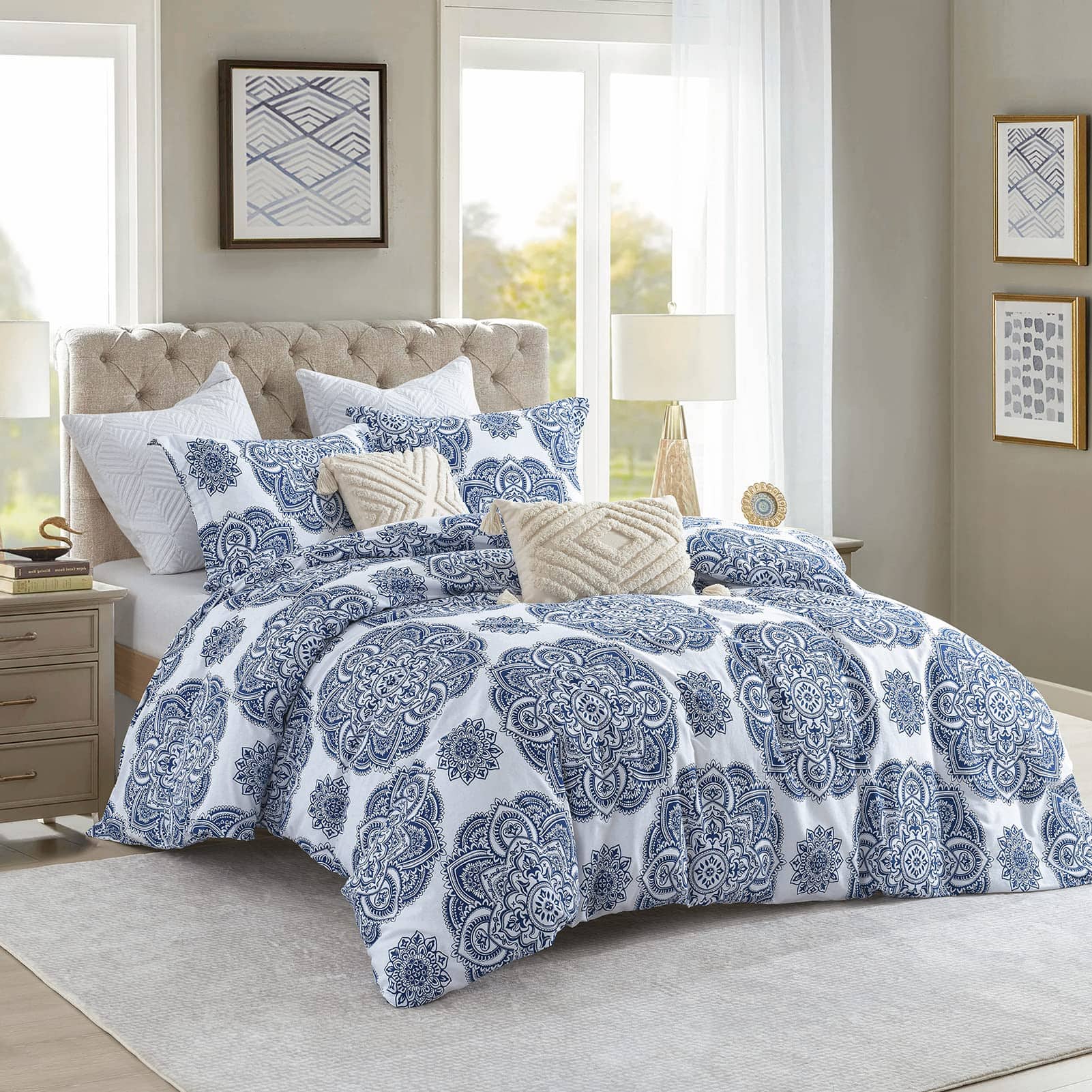 CozyDH Funda de Edredón de Algodón Tamaño -Azul Real/Blanco - Imagen 3