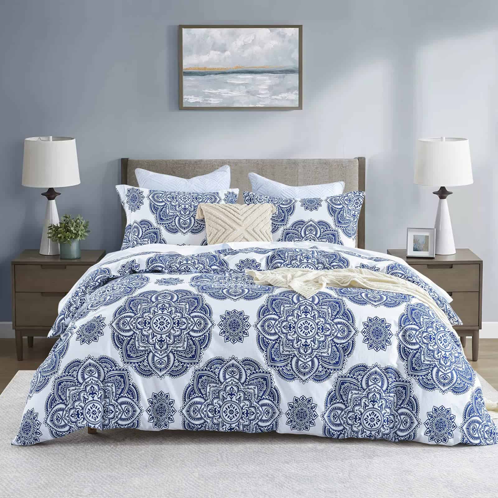 CozyDH Funda de Edredón de Algodón Tamaño -Azul Real/Blanco