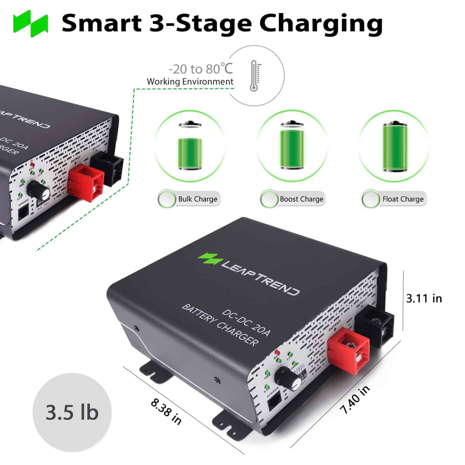 Cargador de batería DC a DC Leaptrend 12V 20A a bordo para - Imagen 3