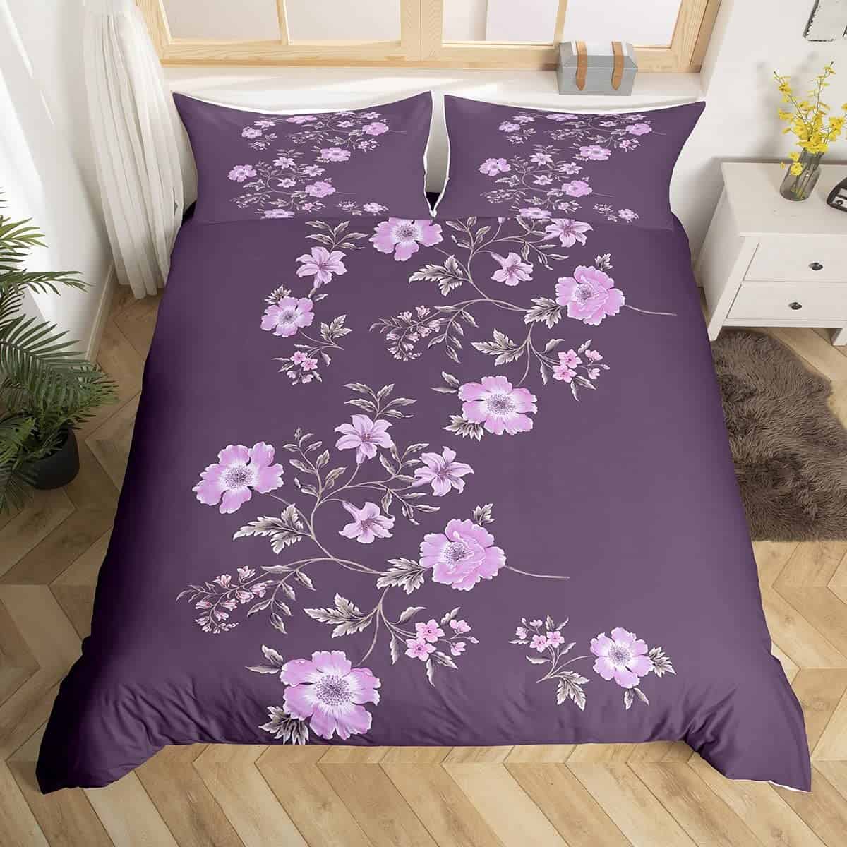 Funda nórdica floral morada tamaño queen, juego de cama con