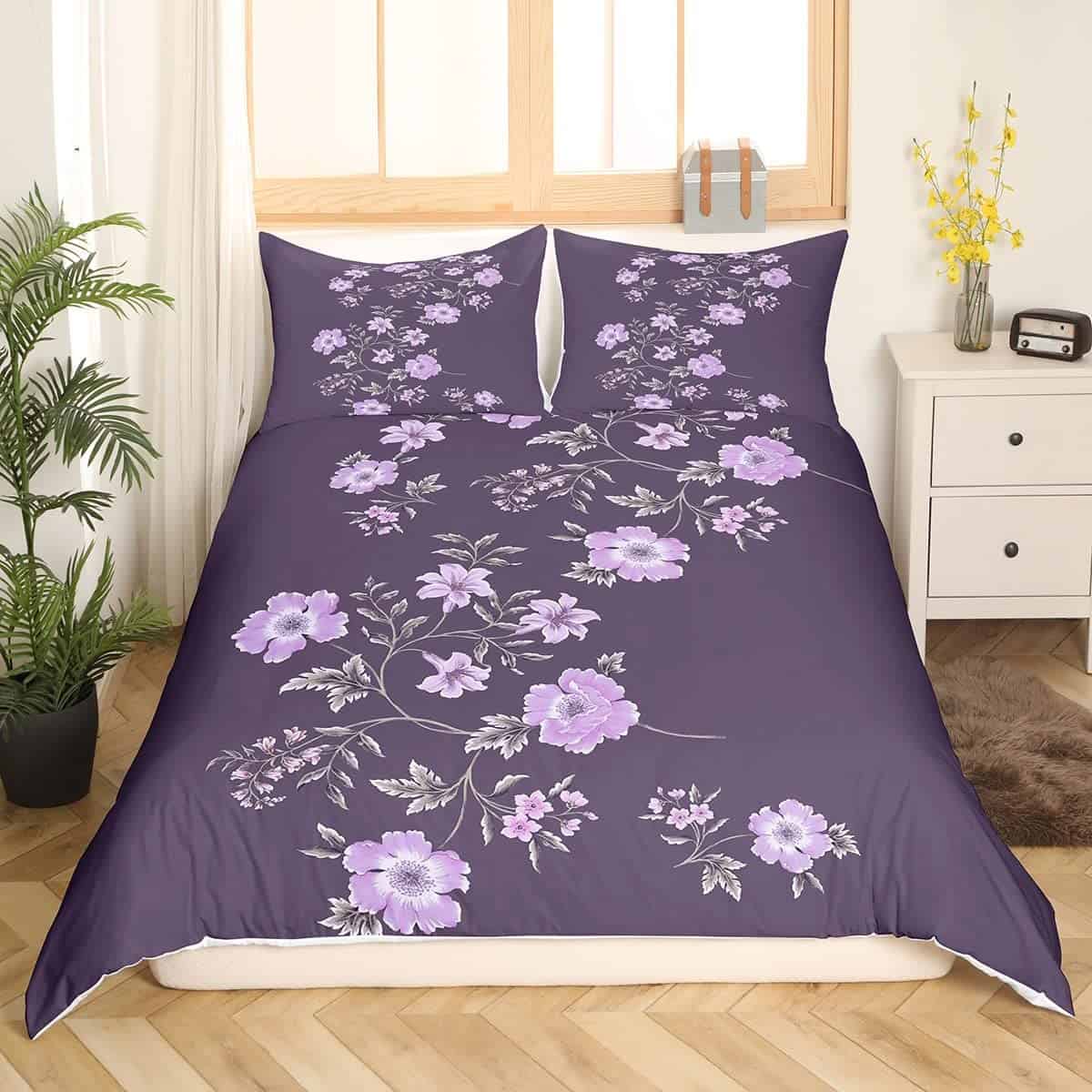 Funda nórdica floral morada tamaño queen, juego de cama con - Imagen 4