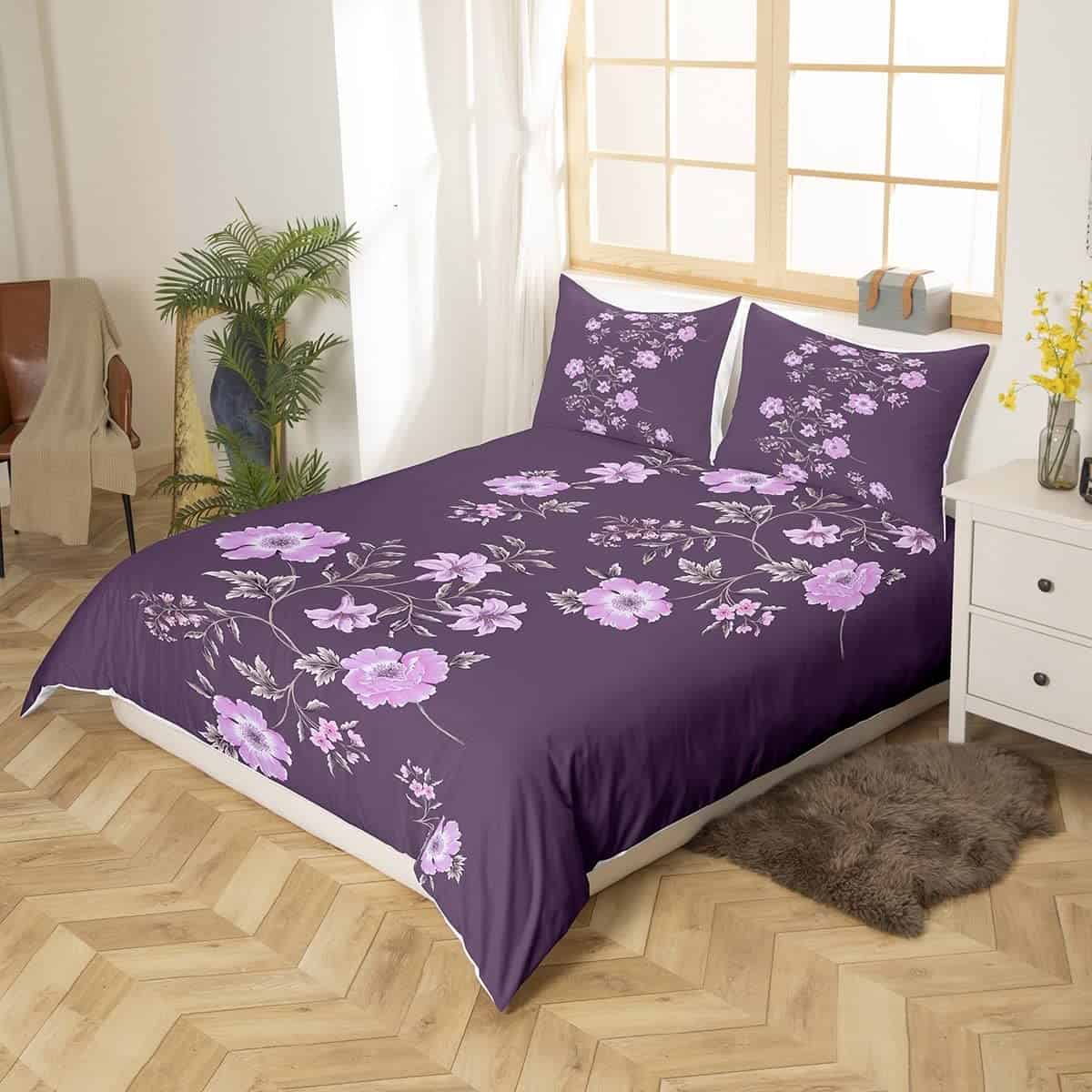 Funda nórdica floral morada tamaño queen, juego de cama con - Imagen 3