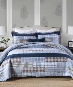 Juego de Colcha de Algodón Queen Size Azul, Juego de Colcha