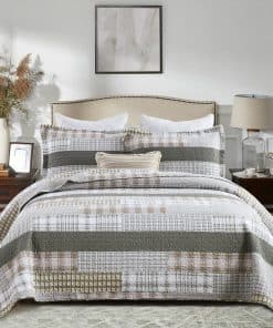 Edredón Queen Size de Algodón al 100% Gris Verdoso Blanco