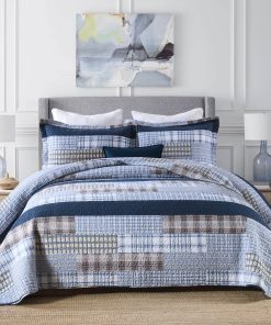 Colcha King Size Finlonte 100% Algodón Azul Beige Blanco