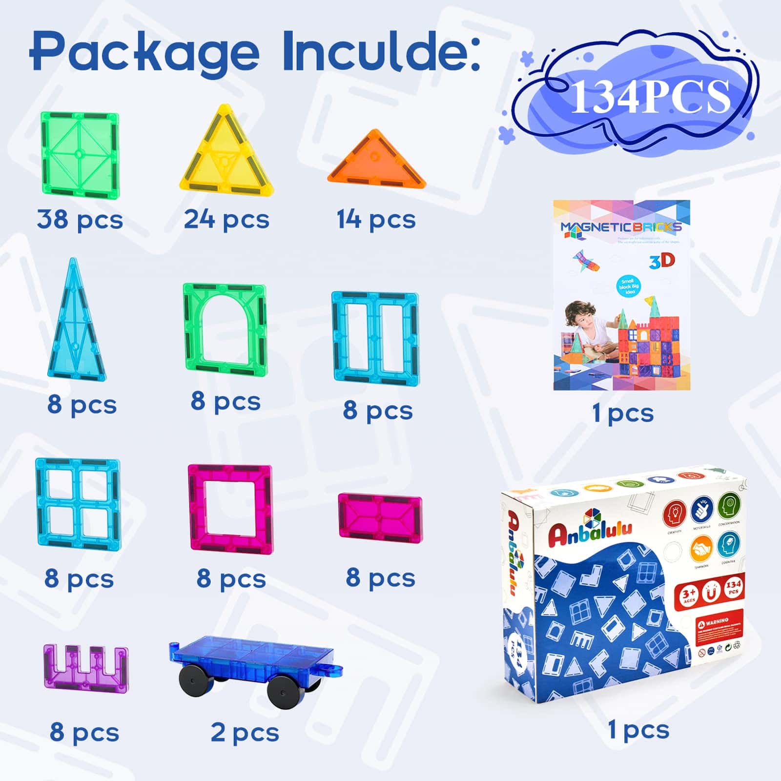 Anbalulu Magnetic Building Tiles, 134 piezas juego grande - Imagen 5