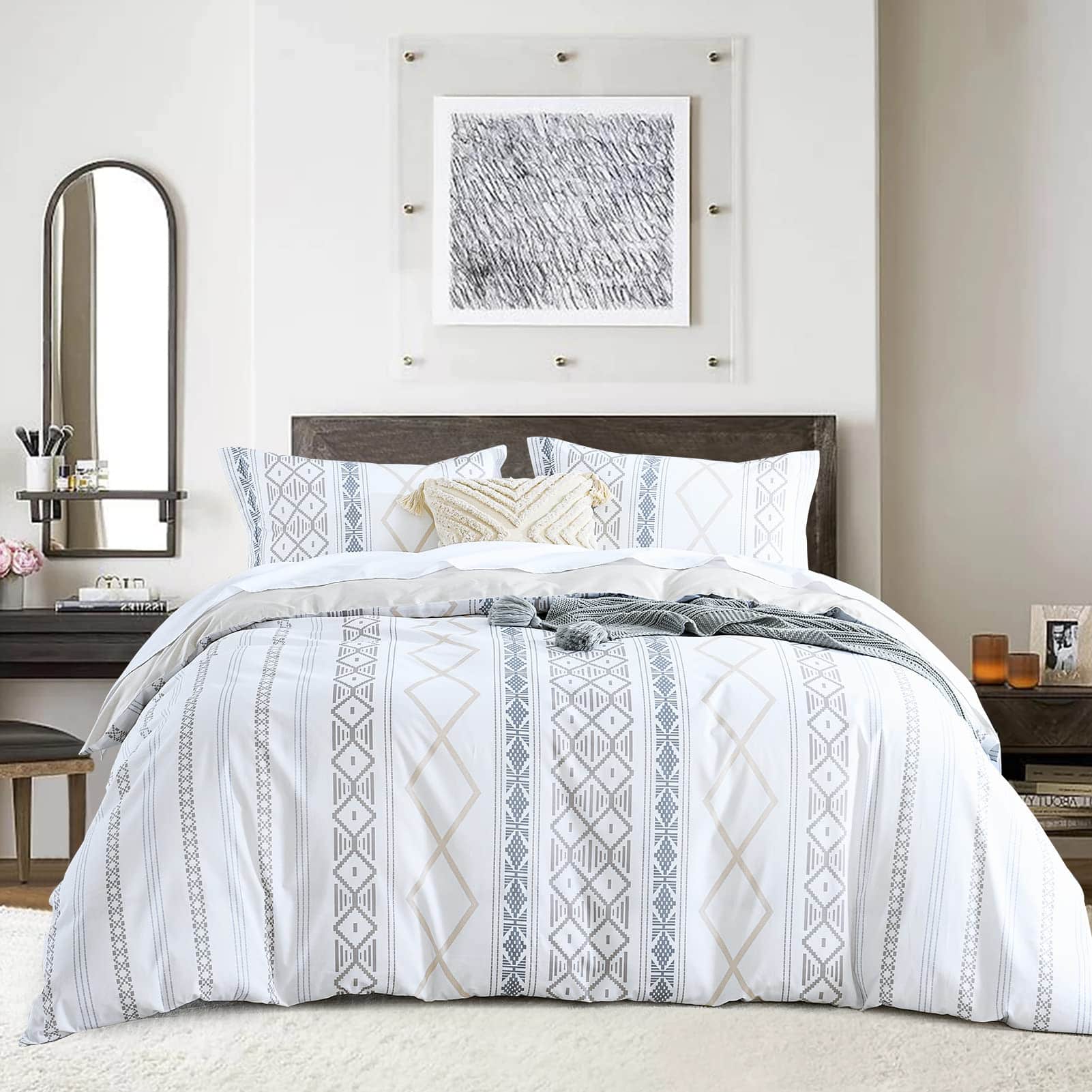 Set de Funda de Edredón CozyDH Gris de Rayas Boho King, 3