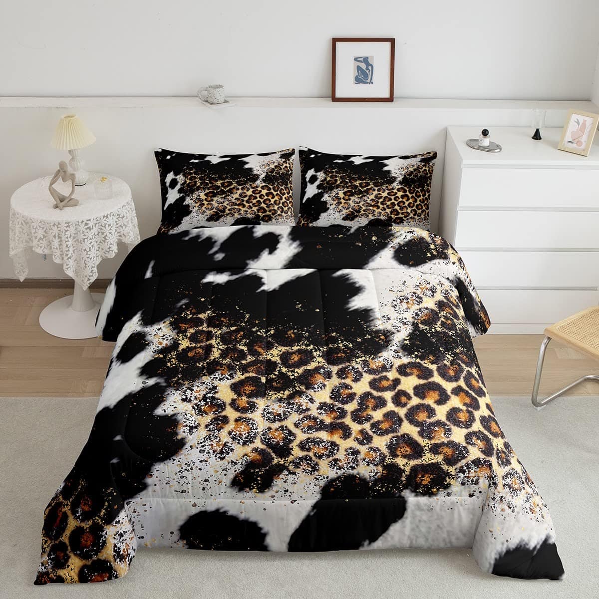 Set de Edredón de Cuero de Vaca Estampado de Leopardo