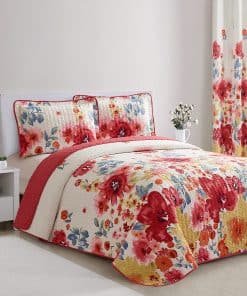 Juego de Colcha Reversible con Estampado Floral Rojo y