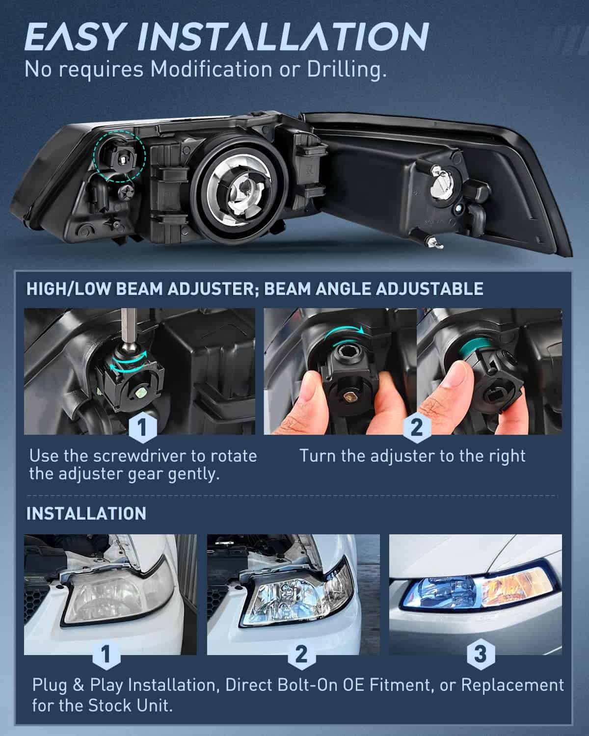 Conjunto de Faros Nilight para Ford Mustang 1999 2000 2001 - Imagen 8