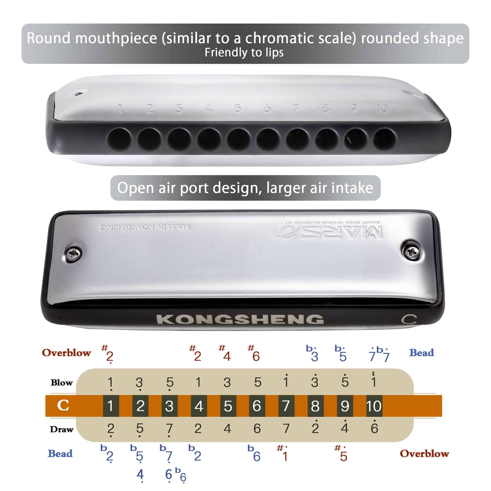 Armónica KONGSHENG Mars, Armónica de Blues -Gris - Imagen 4