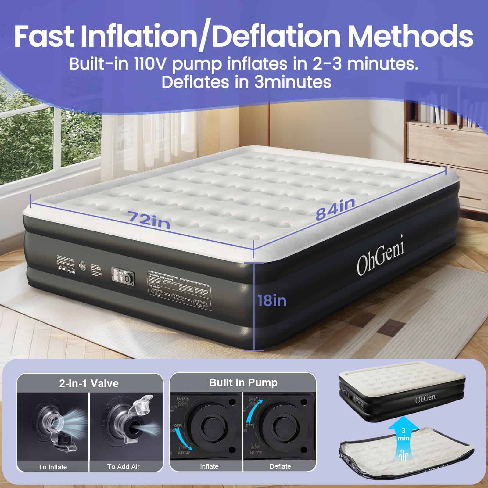 Colchón de aire OhGeni Cal King con bomba incorporada para - Imagen 6