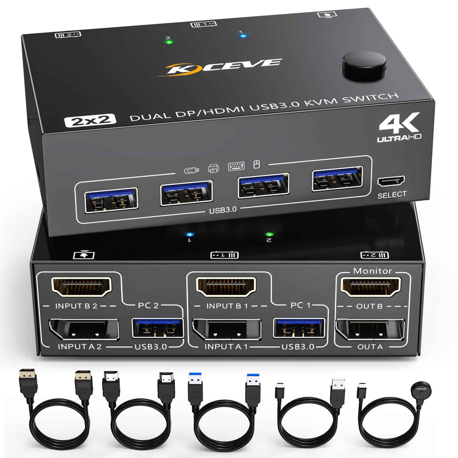 Conmutador KVM USB 3.0 HDMI DP 2 Computadoras 2 Monitores,
