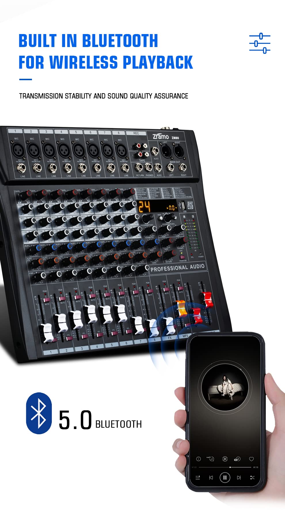 ZRAMO ZM80 Mesa de Mezclas de 8 Canales de Estudio Karaoke - Imagen 7