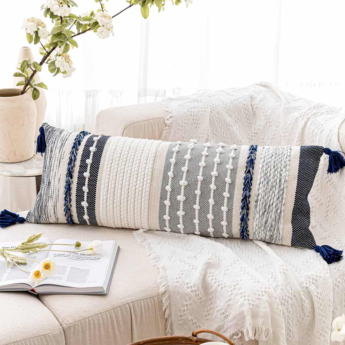 Funda de Almohada Decorativa Boho Azul Marino Oscuro 14x36, - Imagen 7