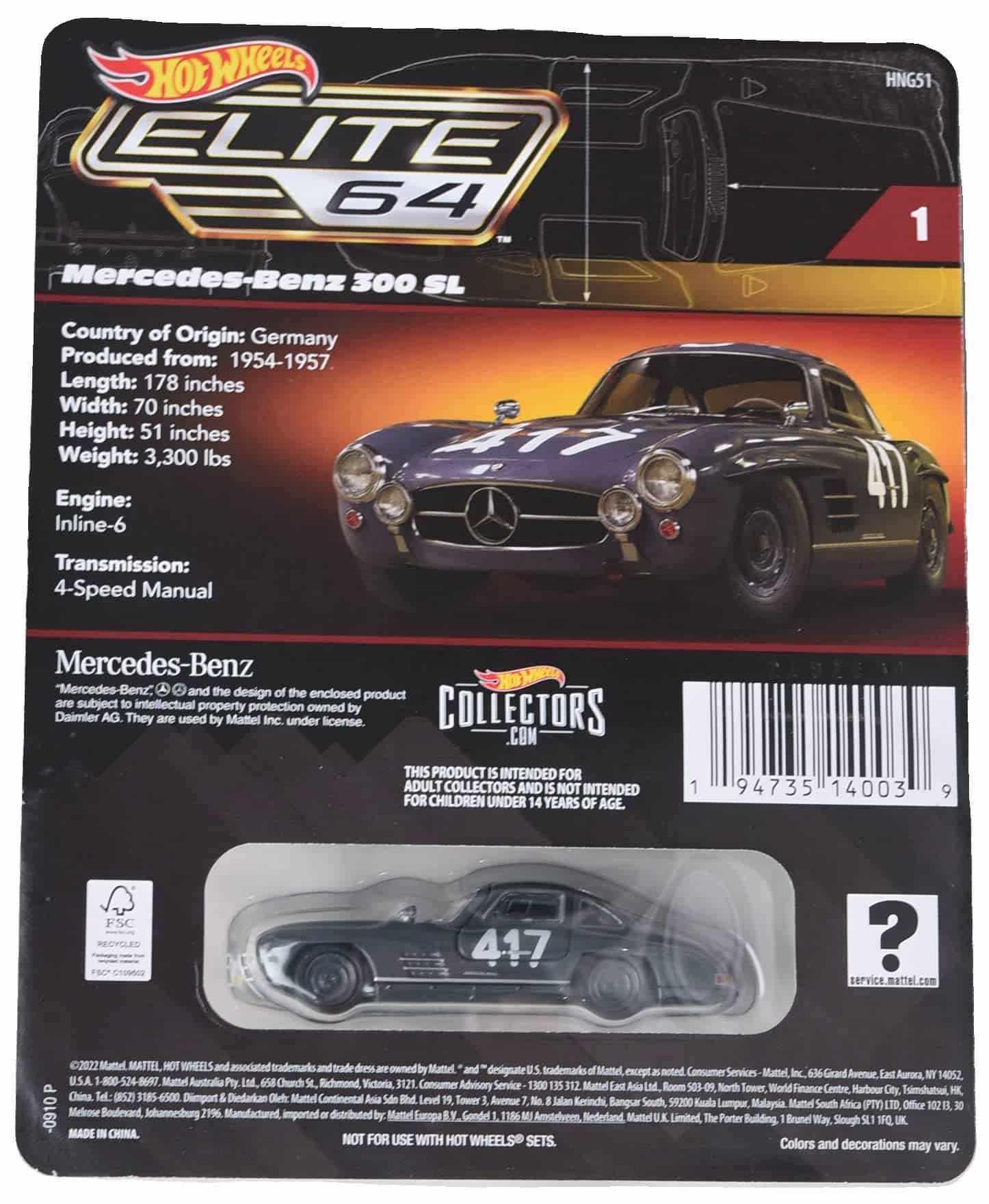 Hot Wheels Mercedes Benz 300 SL, Elite 64 - Imagen 3