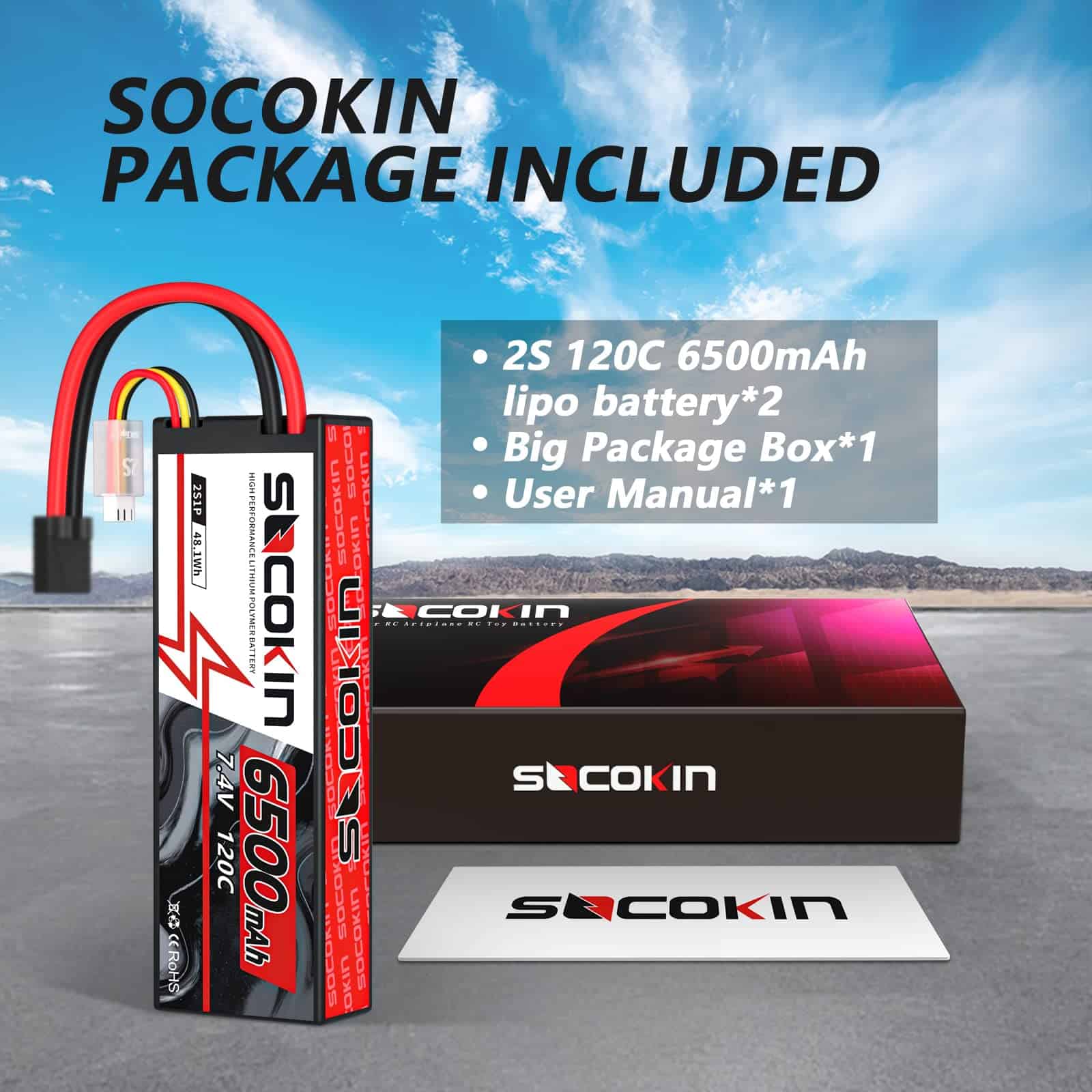 Batería Lipo Socokin 2S 7.4V 6500mAh 120C con Caja Dura y - Imagen 7