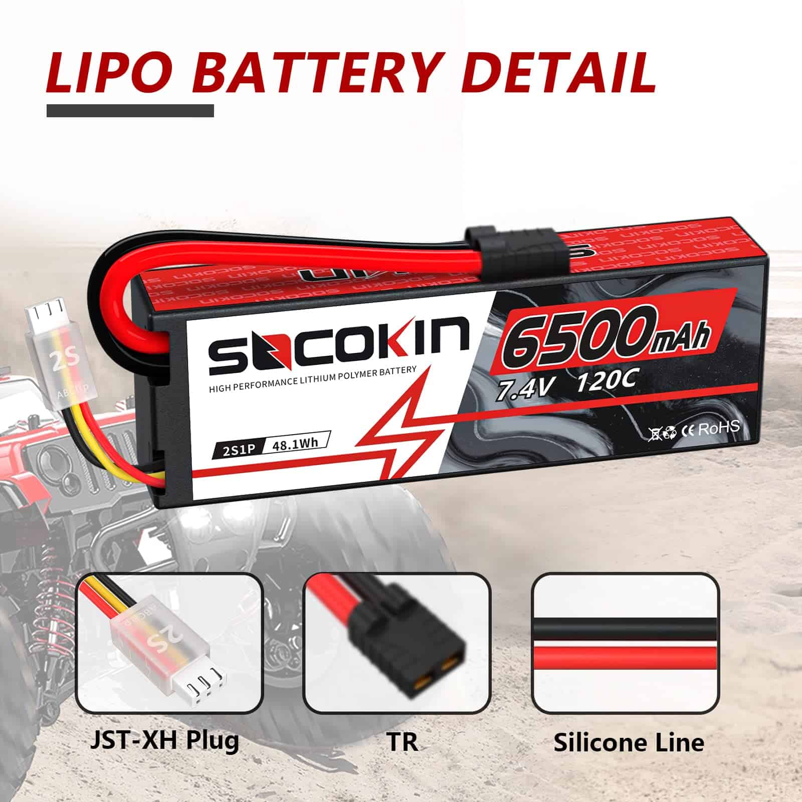 Batería Lipo Socokin 2S 7.4V 6500mAh 120C con Caja Dura y - Imagen 3