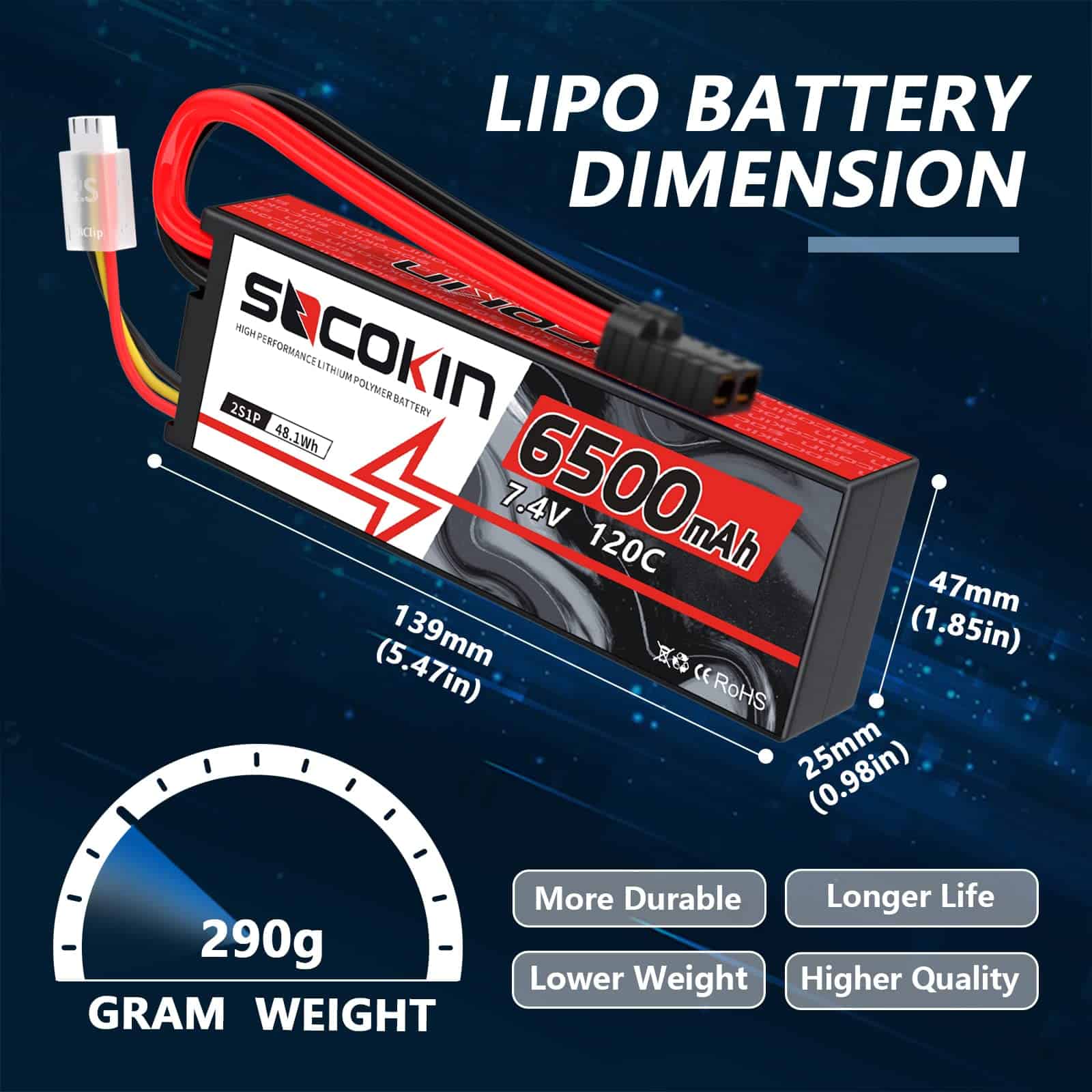 Batería Lipo Socokin 2S 7.4V 6500mAh 120C con Caja Dura y - Imagen 4