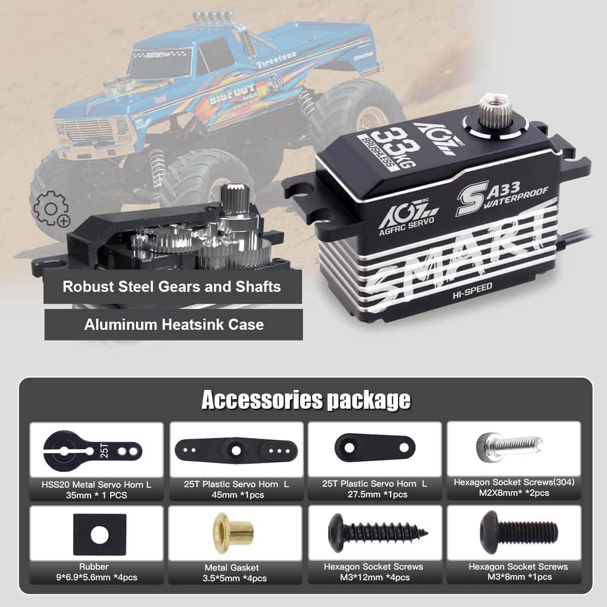 AGFRC 33KG Waterproof Low-Profile RC-Steering-Servo-Motor - - Imagen 8