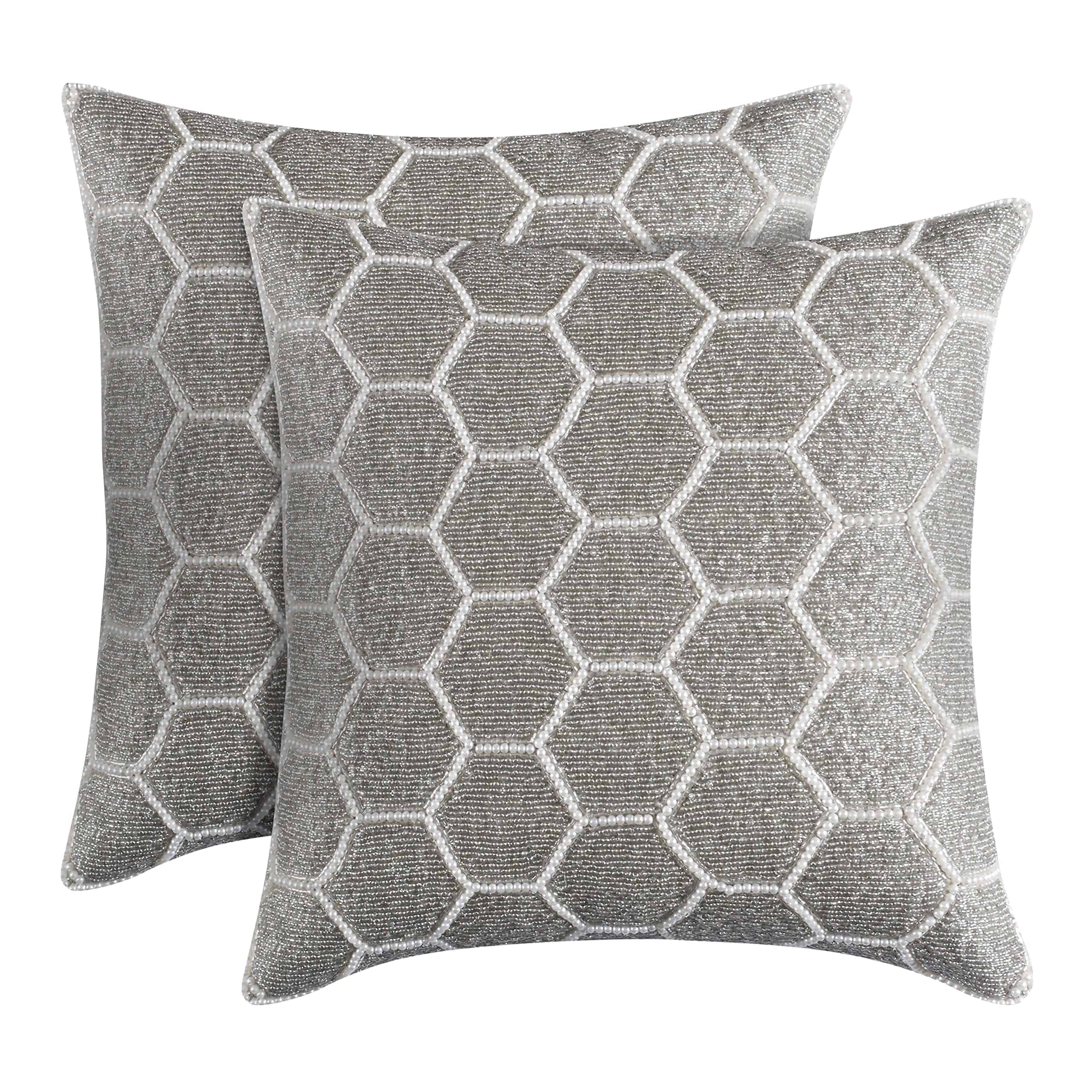 Funda de Almohada Plateada Marfil con Cuentas a Mano -