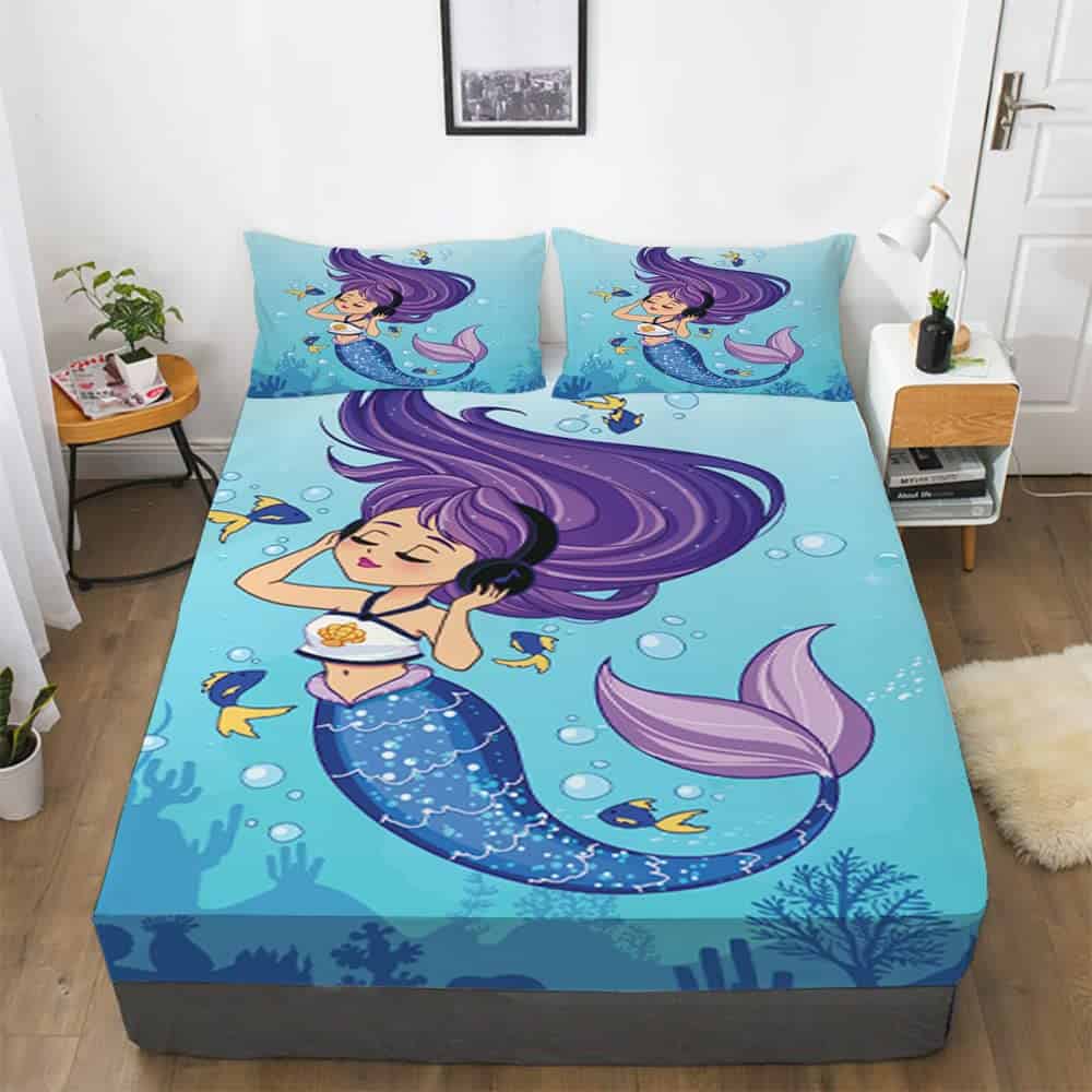 Juego de Sábanas Full Size Sirena y Pez Azul para Niñas