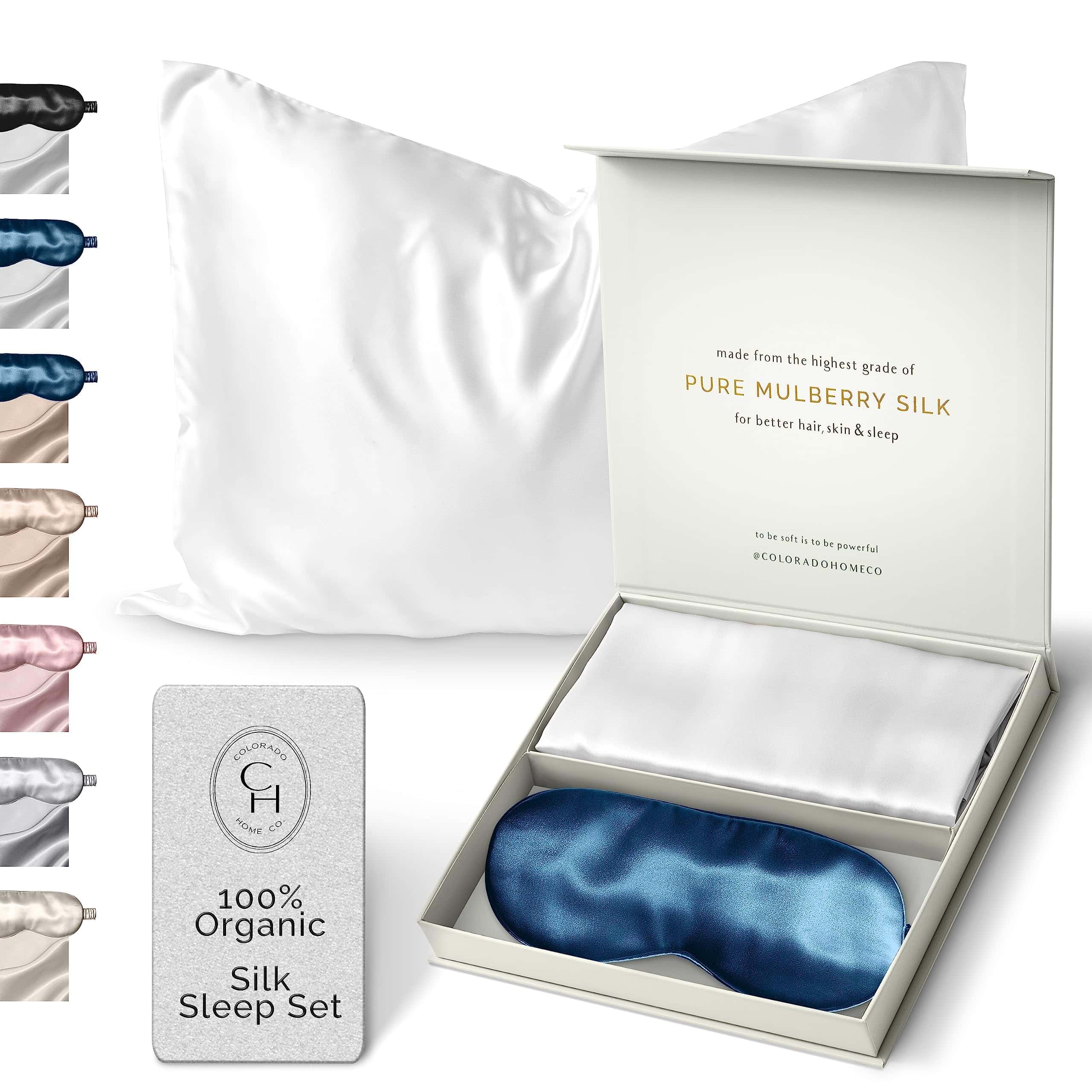 Funda de Almohada de Seda para Cabello y -Blanco Puro y Azul