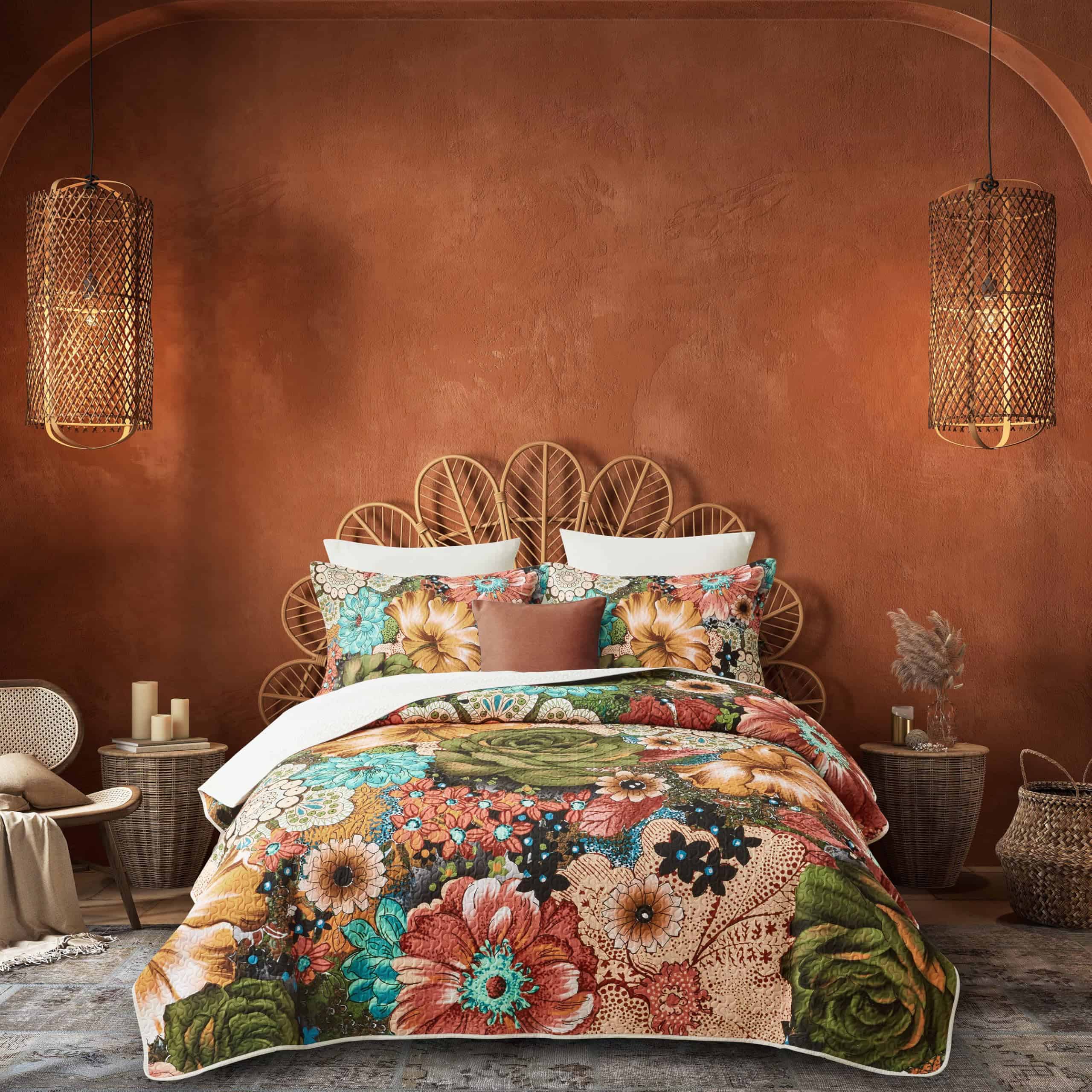 Juego de Edredón Boho Floral de 3 Piezas para Cama