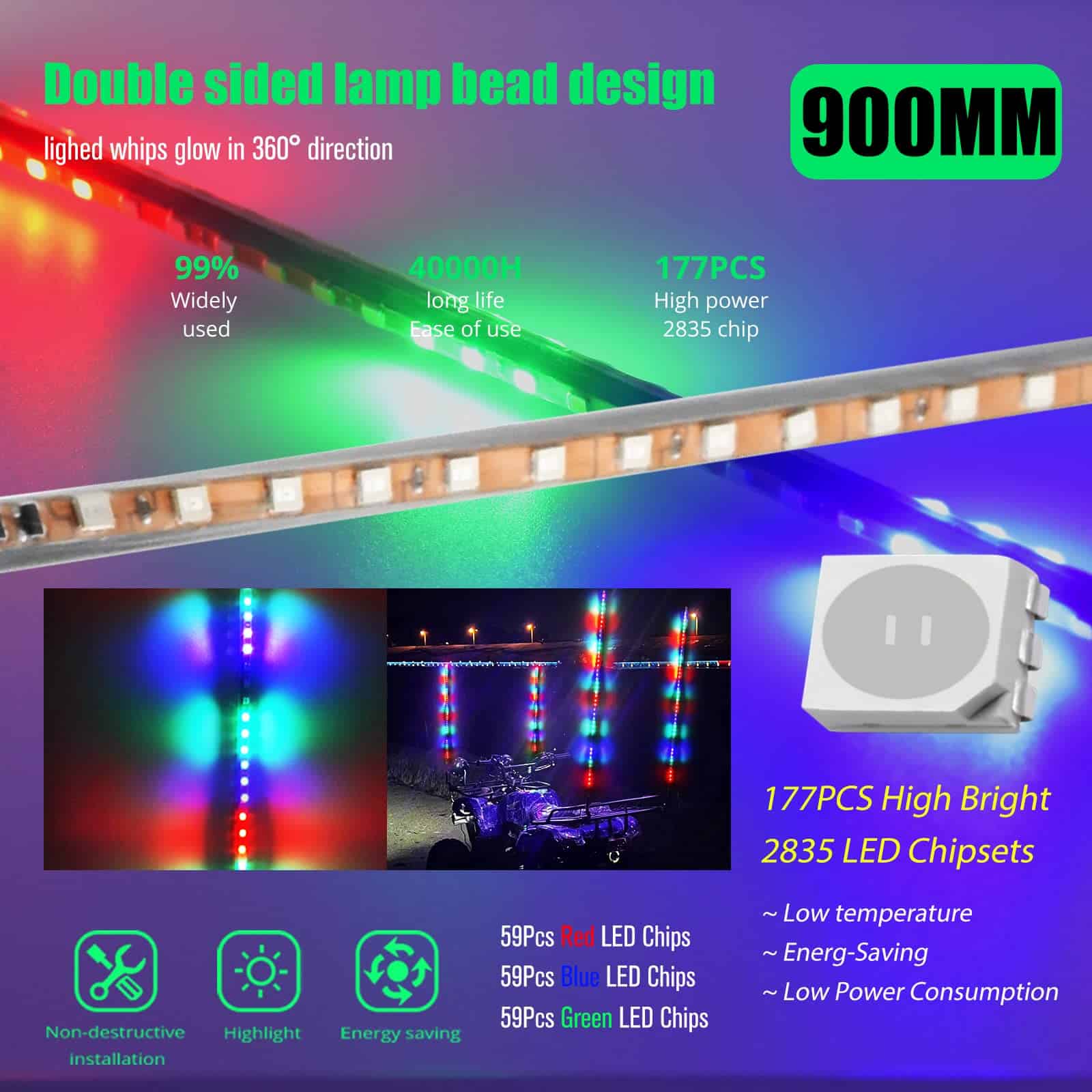 2Pcs Luces de Látigo LED, 3.4FT RGB 270� Auto Flujo de Luz - Imagen 3