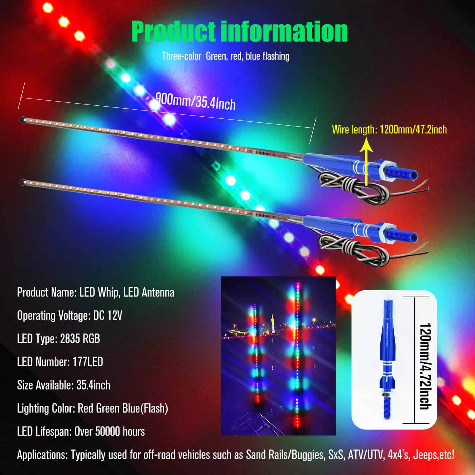 2Pcs Luces de Látigo LED, 3.4FT RGB 270� Auto Flujo de Luz - Imagen 8