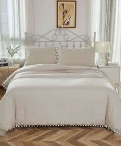 Set de Funda nórdica con Pompones 3 Piezas Beige Gris, 100%