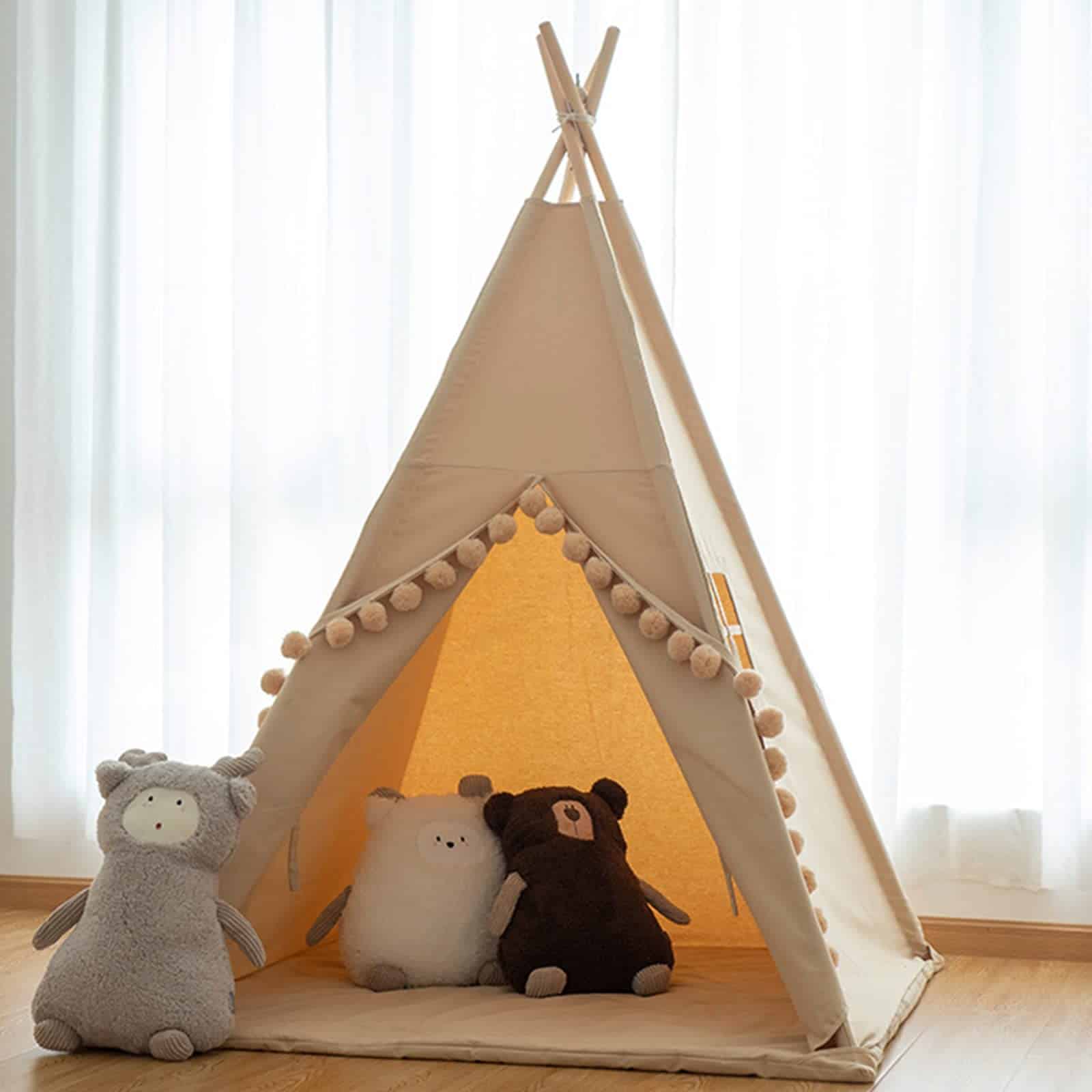 Teepee para Niños con Luces y Grandes Borlas en color Caqui - Imagen 6