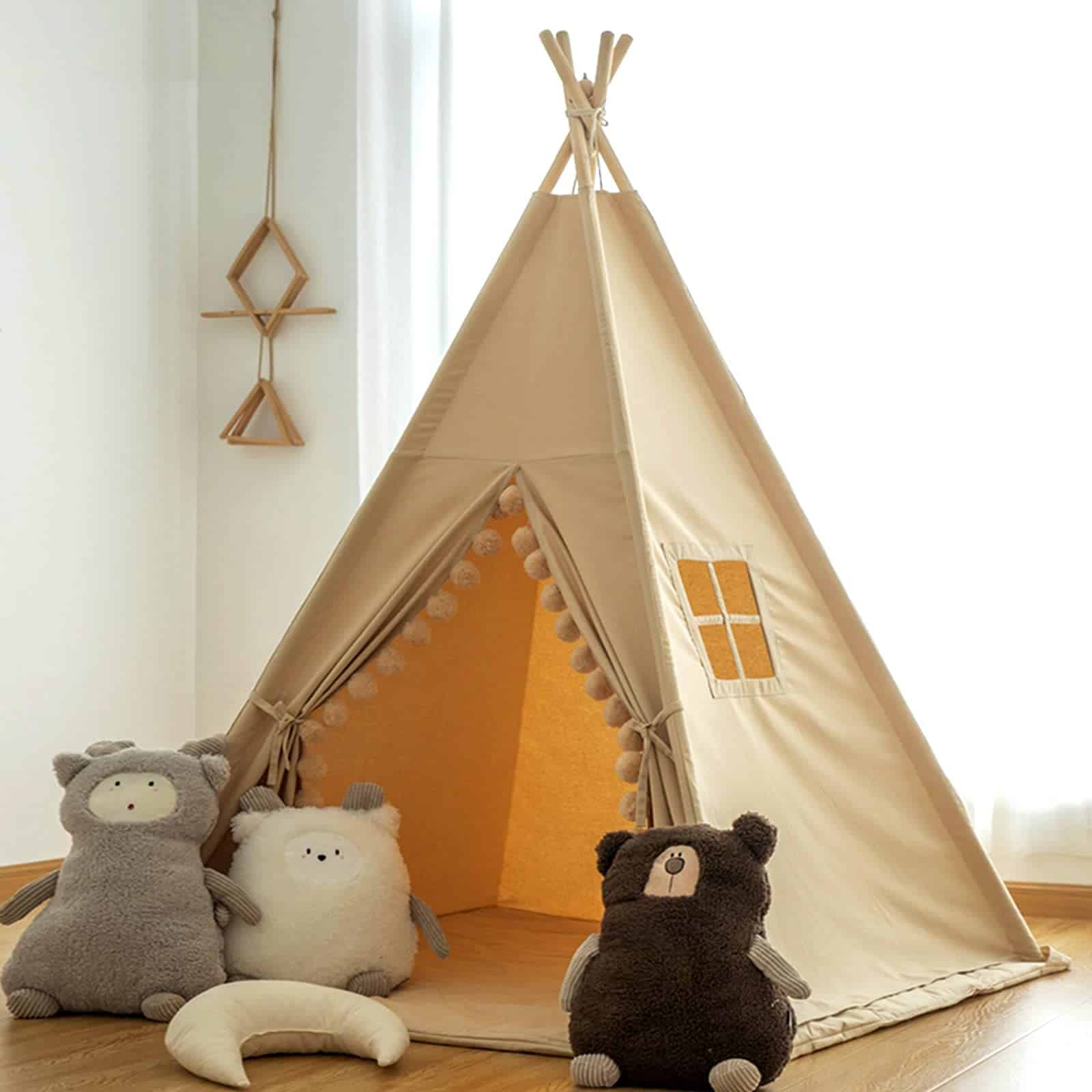Teepee para Niños con Luces y Grandes Borlas en color Caqui - Imagen 5