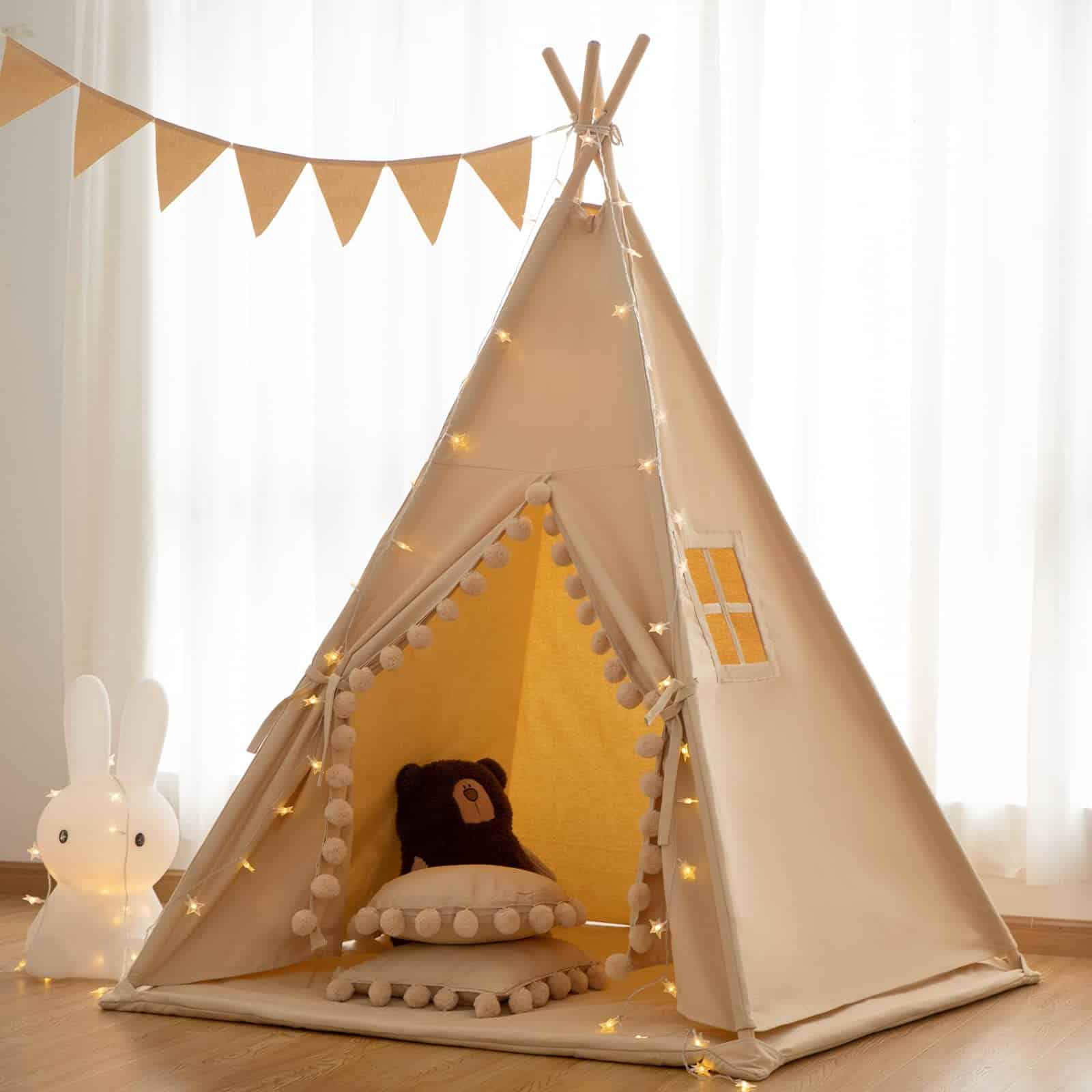 Teepee para Niños con Luces y Grandes Borlas en color Caqui - Imagen 7