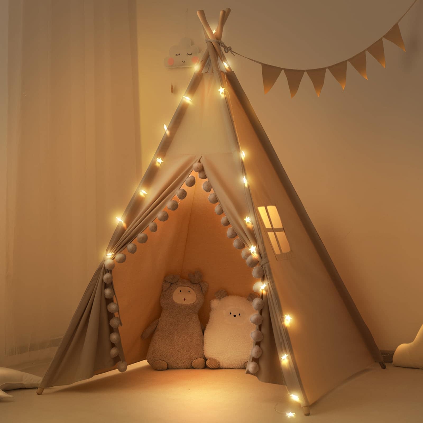 Teepee para Niños con Luces y Grandes Borlas en color Caqui