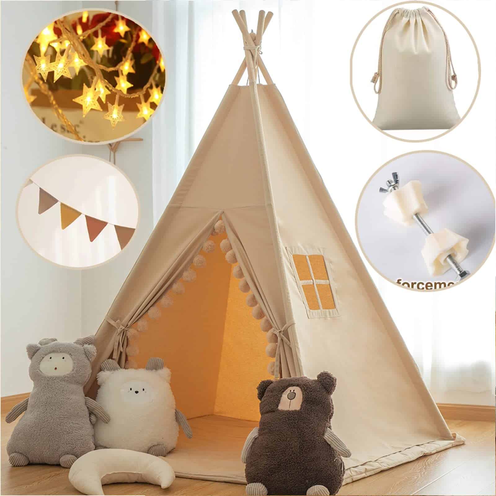 Teepee para Niños con Luces y Grandes Borlas en color Caqui - Imagen 4