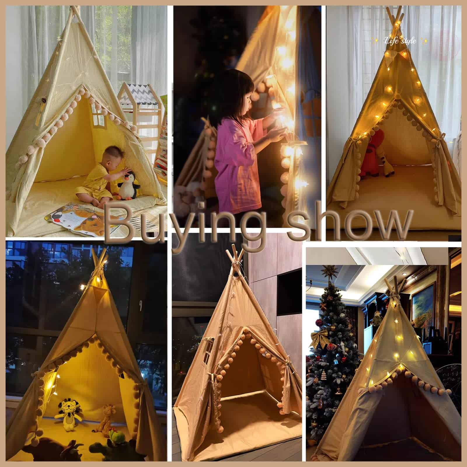 Teepee para Niños con Luces y Grandes Borlas en color Caqui - Imagen 3