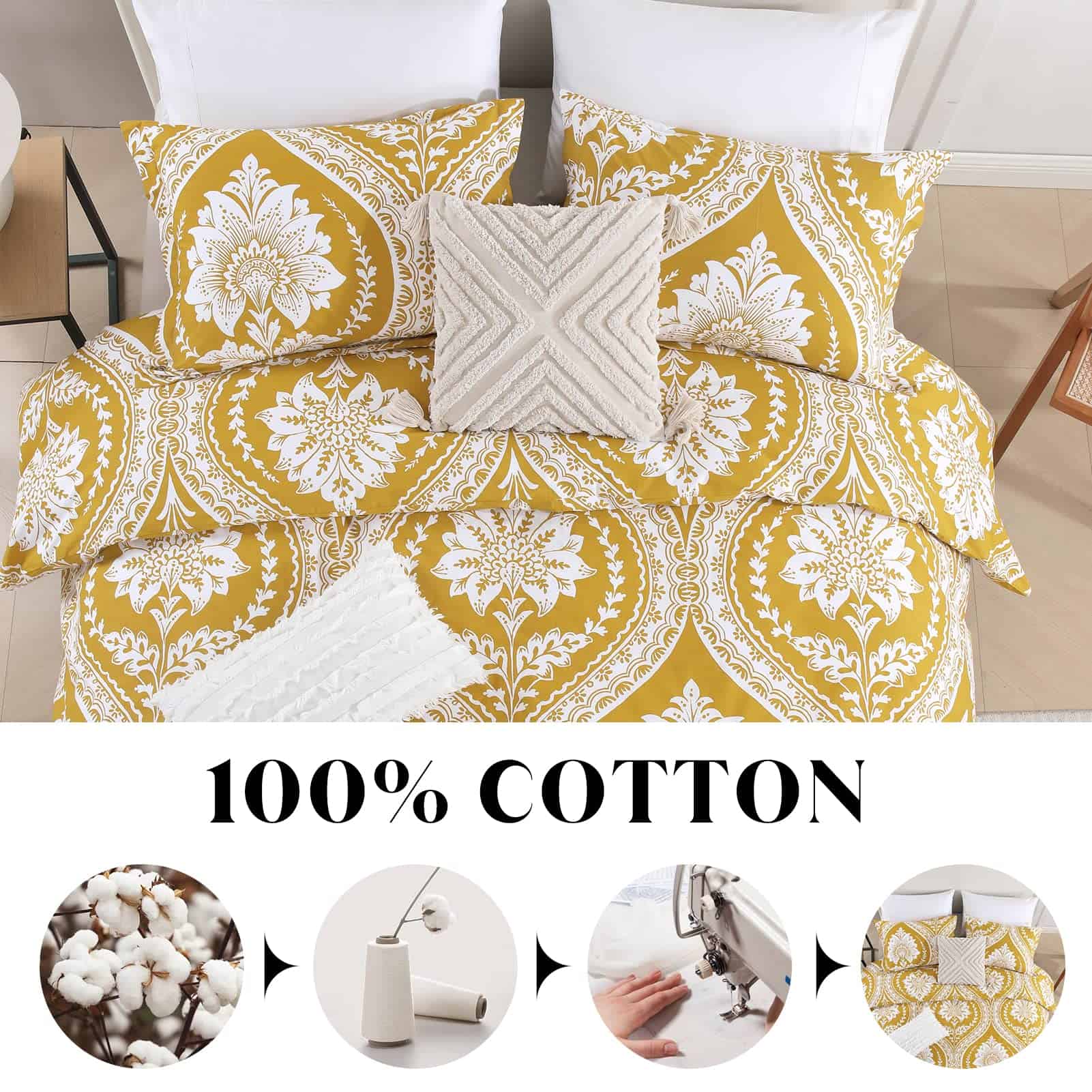 CozyDH Funda de Edredón de Algodón Tamaño -Amarillo - Imagen 3