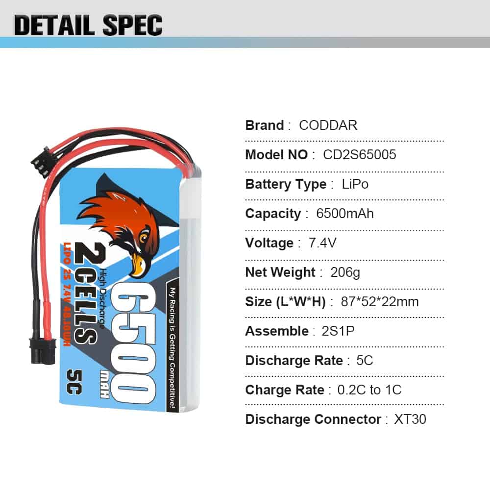 Batería LiPo CODDAR 6500mAh 2S 7.4V 5C con Conector XT30 - Imagen 6