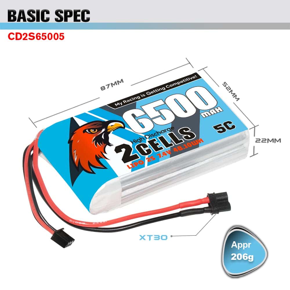 Batería LiPo CODDAR 6500mAh 2S 7.4V 5C con Conector XT30 - Imagen 5
