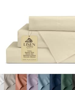 Juego de sábanas Queen de lino lavado de algodón percal,
