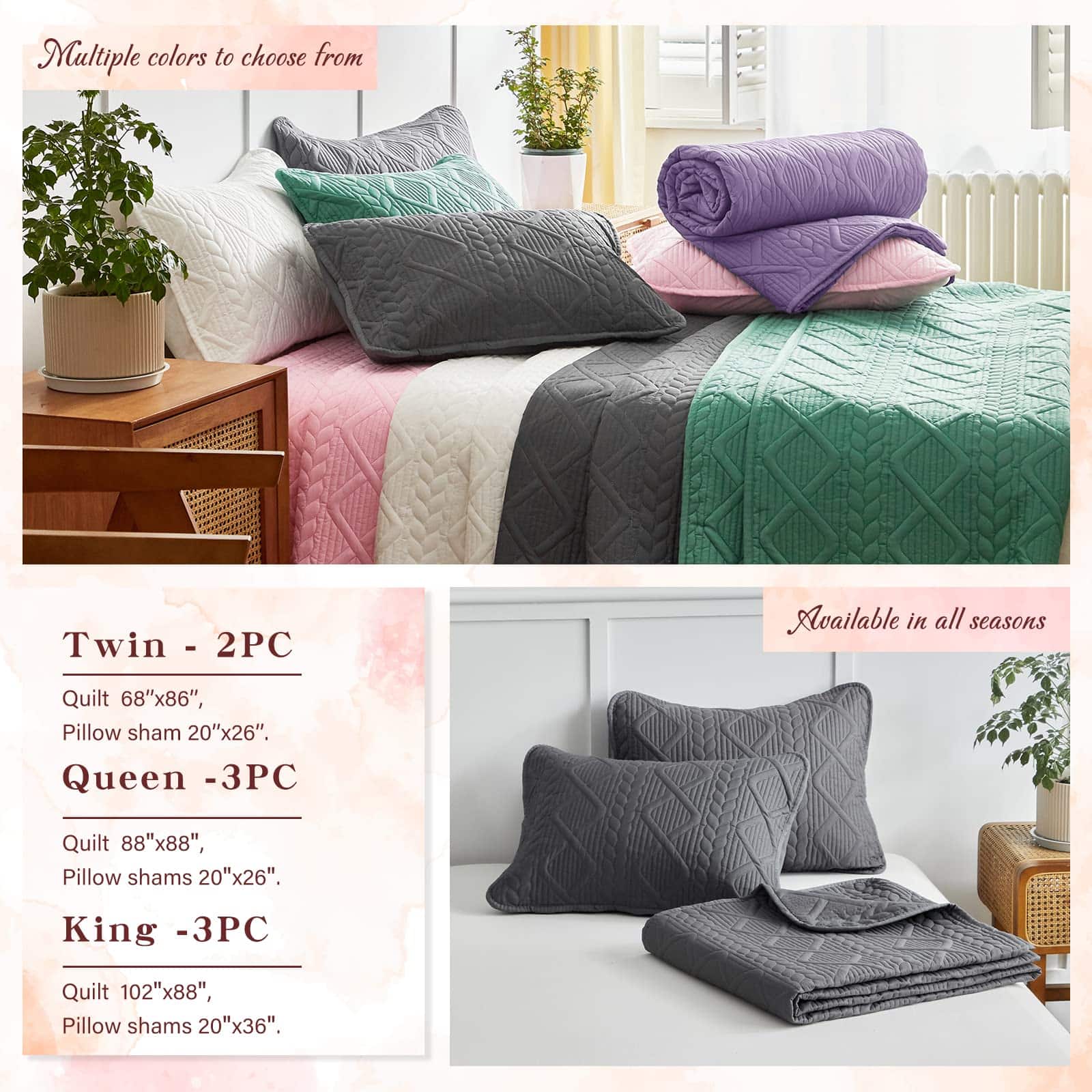 Set de Edredón de Verano Gris Sólido de 3 Piezas Tamaño - Imagen 8