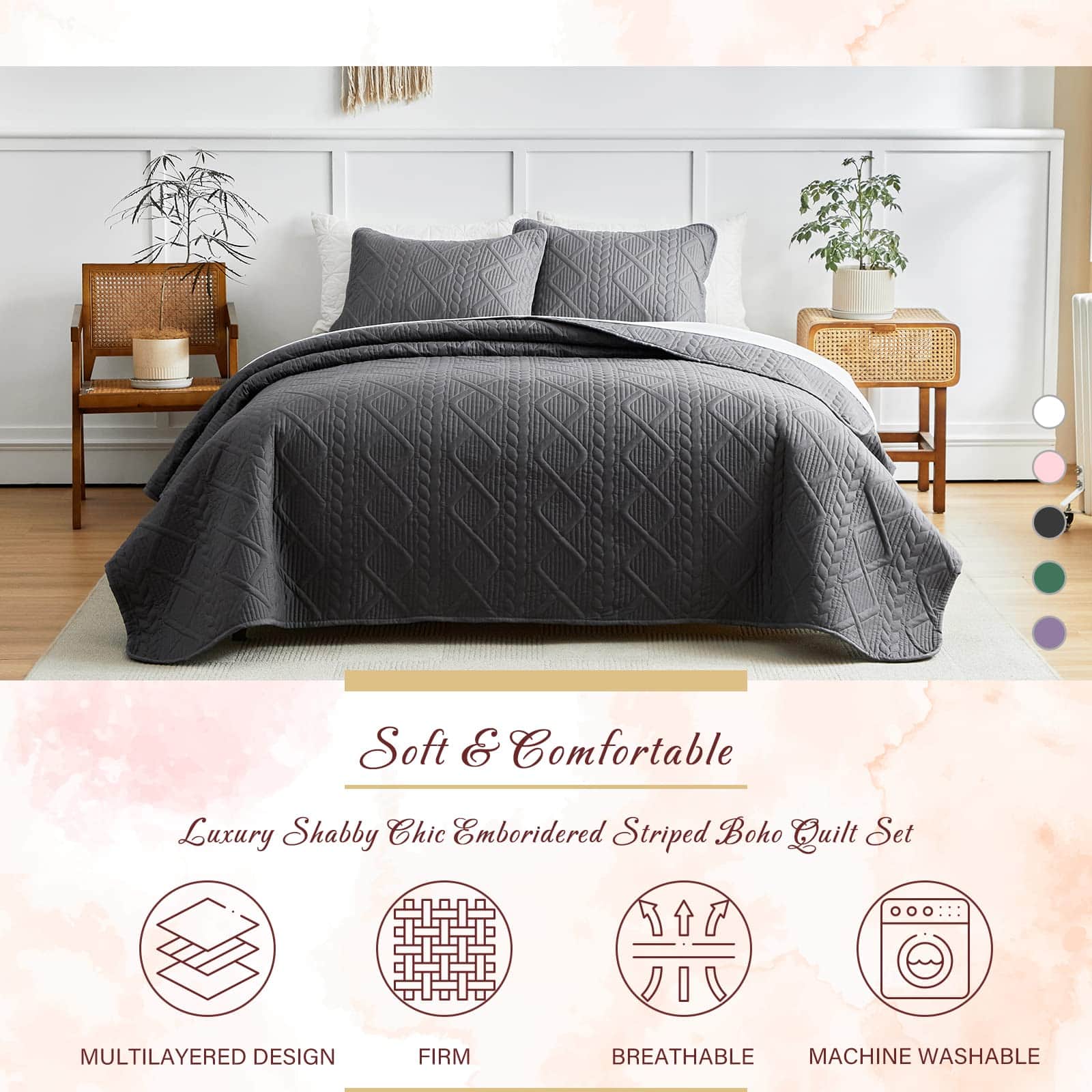 Set de Edredón de Verano Gris Sólido de 3 Piezas Tamaño - Imagen 4